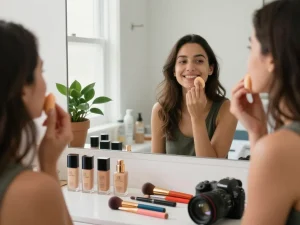 Finding the best foundation for oily skin in a cozy bathroom scene with various makeup products.