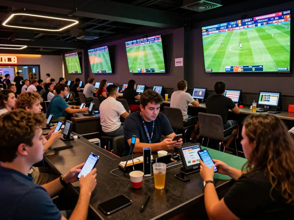 Betting on soccer matches through mobile apps at a lively sports venue, keonhacai highlights excitement.