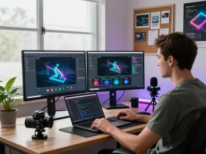 Developer using Kling motion ai in a vibrant AI studio, showcasing video animation.