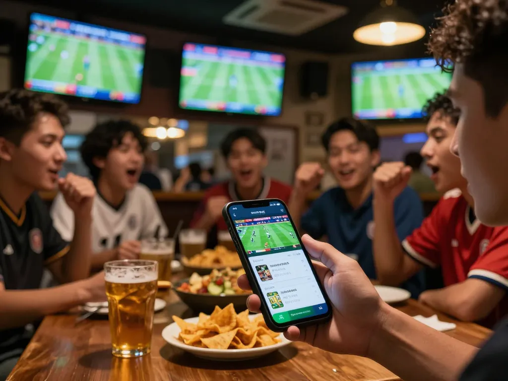 Suasana menarik judi bola di bar olahraga yang ramai, menampilkan permainan yang dinamis dan kegembiraan