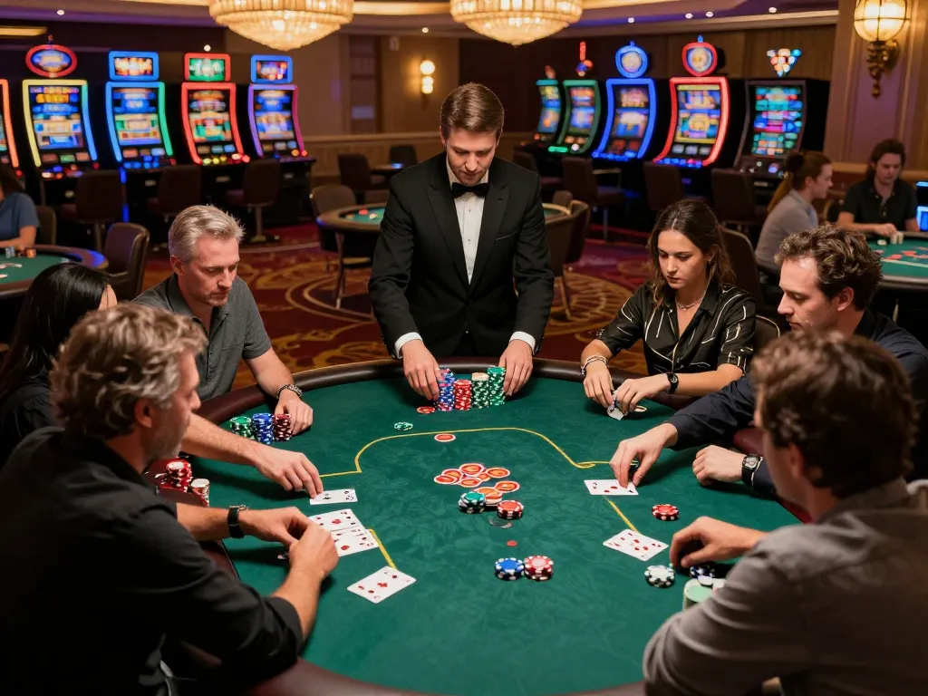 Engaged players at a UU88 com poker table focusing on their strategy amidst a vibrant casino atmosphere.