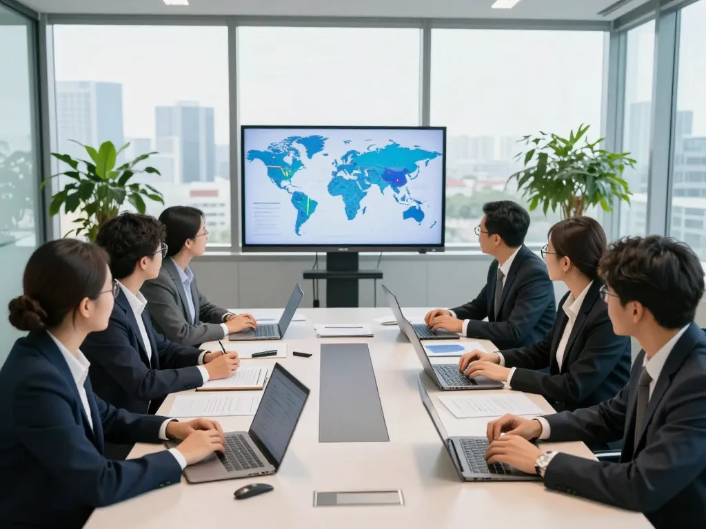 Business professionals discussing international project finance in a modern conference room with a city view.