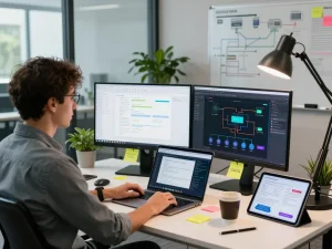 Automation architect designing Zapier workflows in a modern workspace.