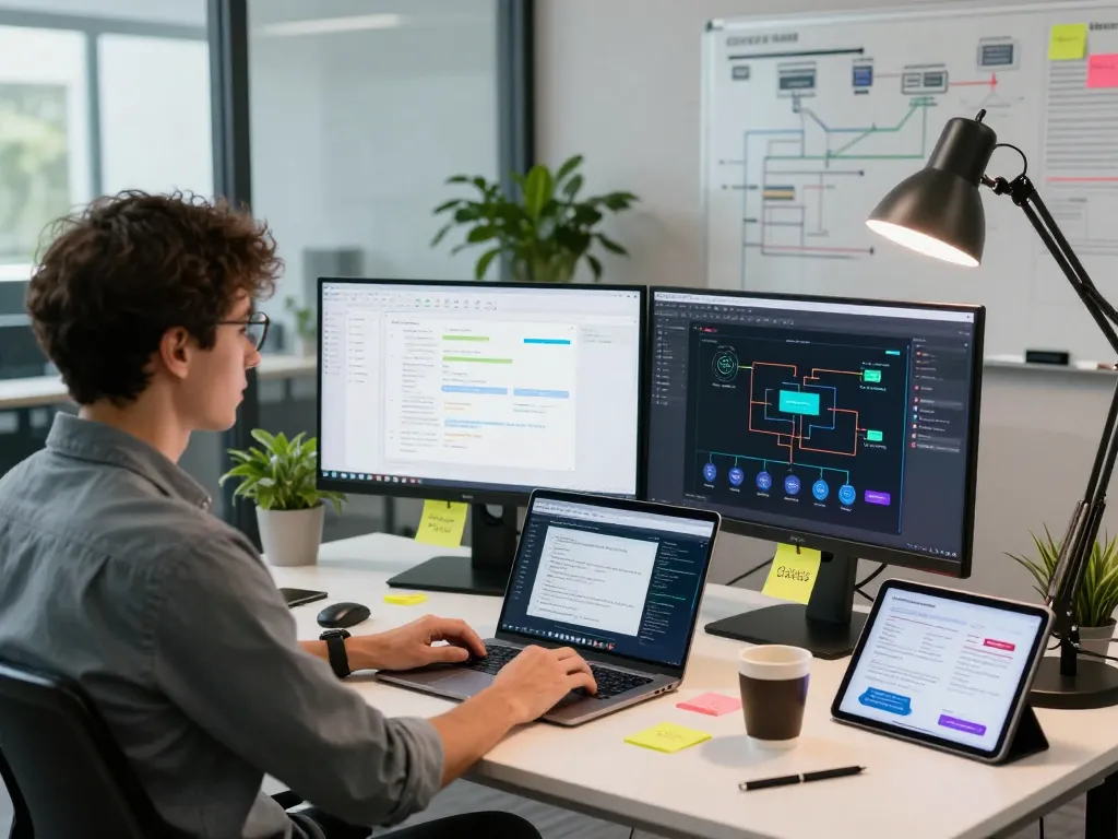 Automation architect designing Zapier workflows in a modern workspace.