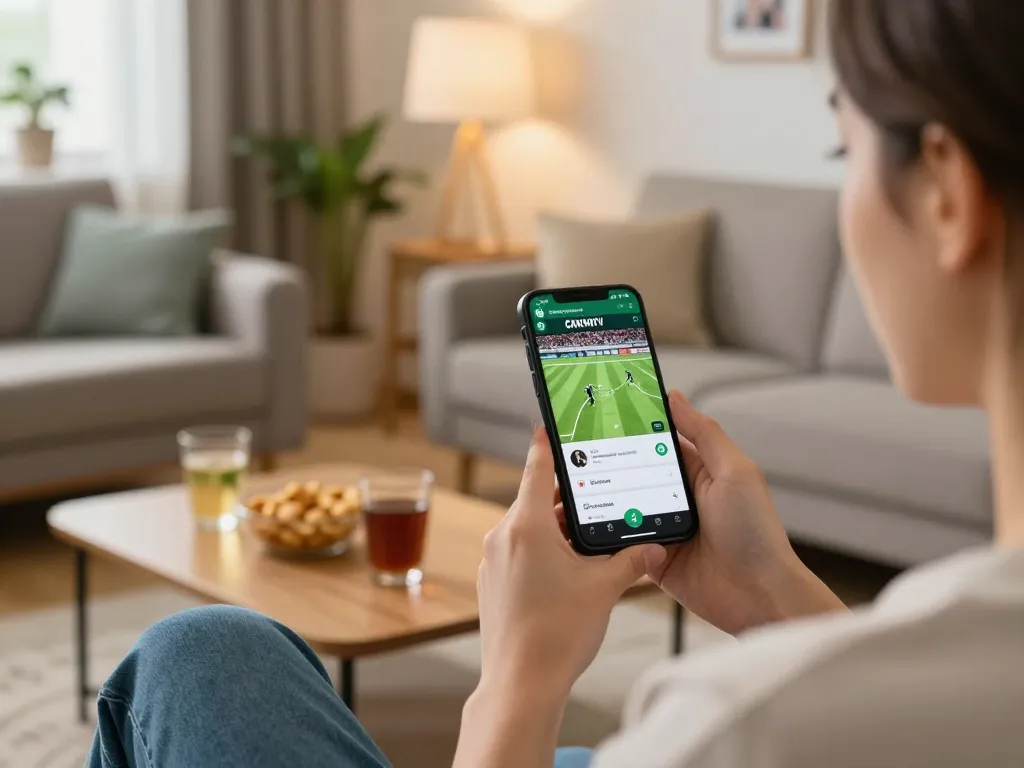 Person engaging with CAKHIATV live football match on smartphone, creating an exciting sports betting atmosphere