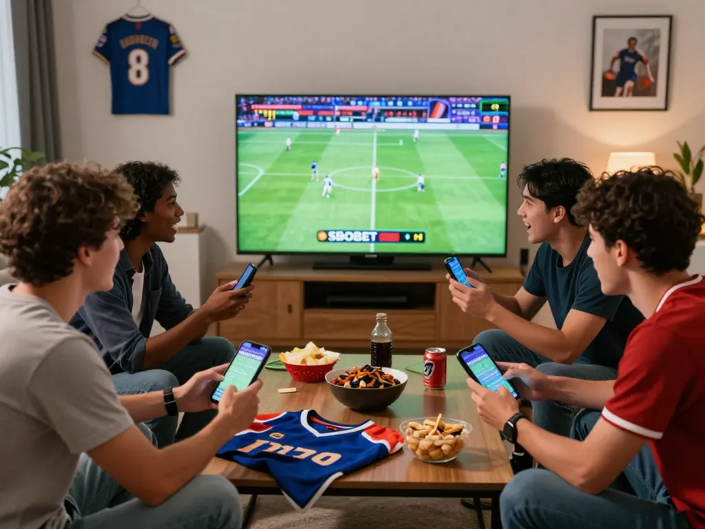 SBOBET sports betting scene with friends enjoying a live match and engaging with smartphones in a cozy setting.
