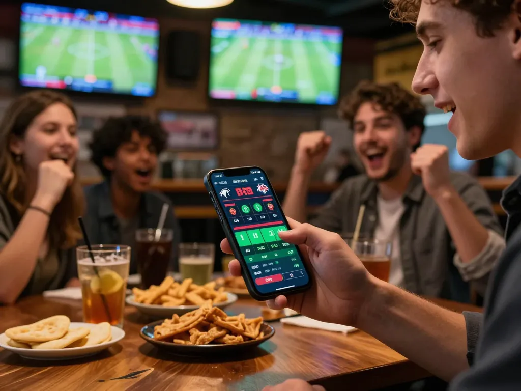 Terlibat dalam taruhan olahraga Judi Bola di aplikasi mobile selama pertandingan yang meriah, menunjukkan semangat.
