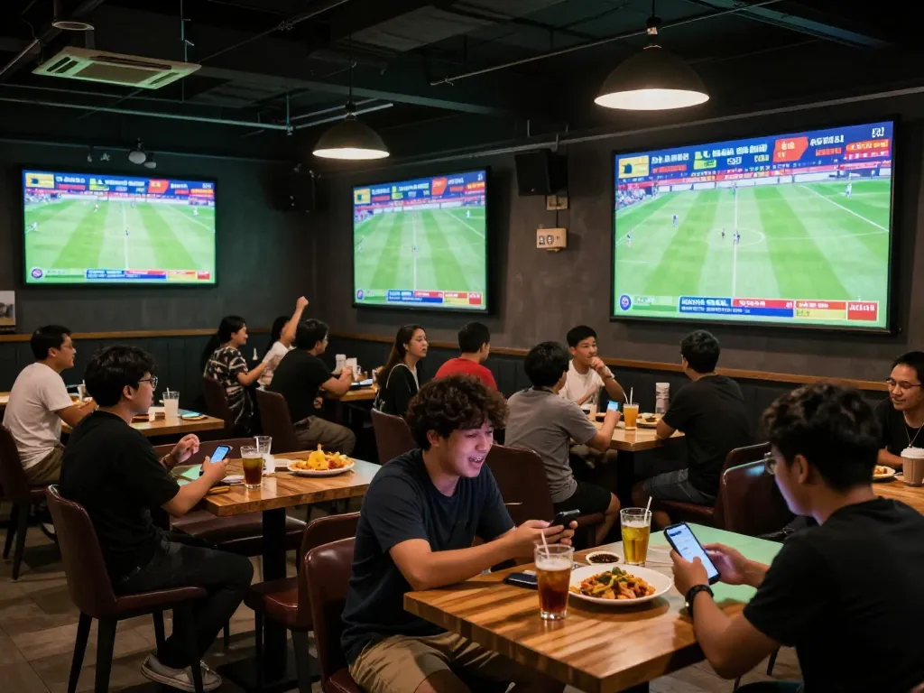 Penggemar olahraga memasang taruhan Taruhan Bola sambil menonton pertandingan sepak bola langsung di bar olahraga yang ramai