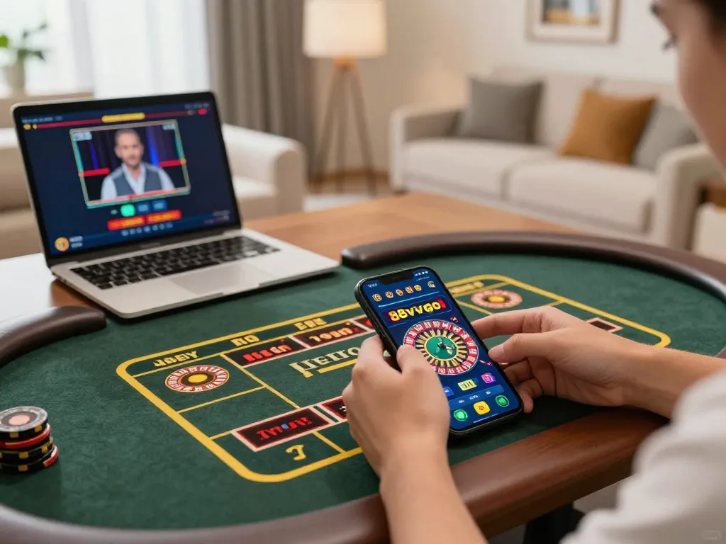 A player engaging with the 88vvgo mobile casino app while enjoying the comfort of home.