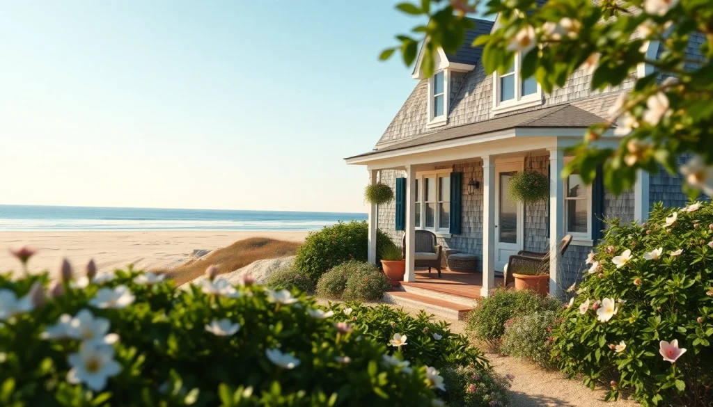 Charming cape cod homes by the beach, surrounded by greenery and vibrant flowers.