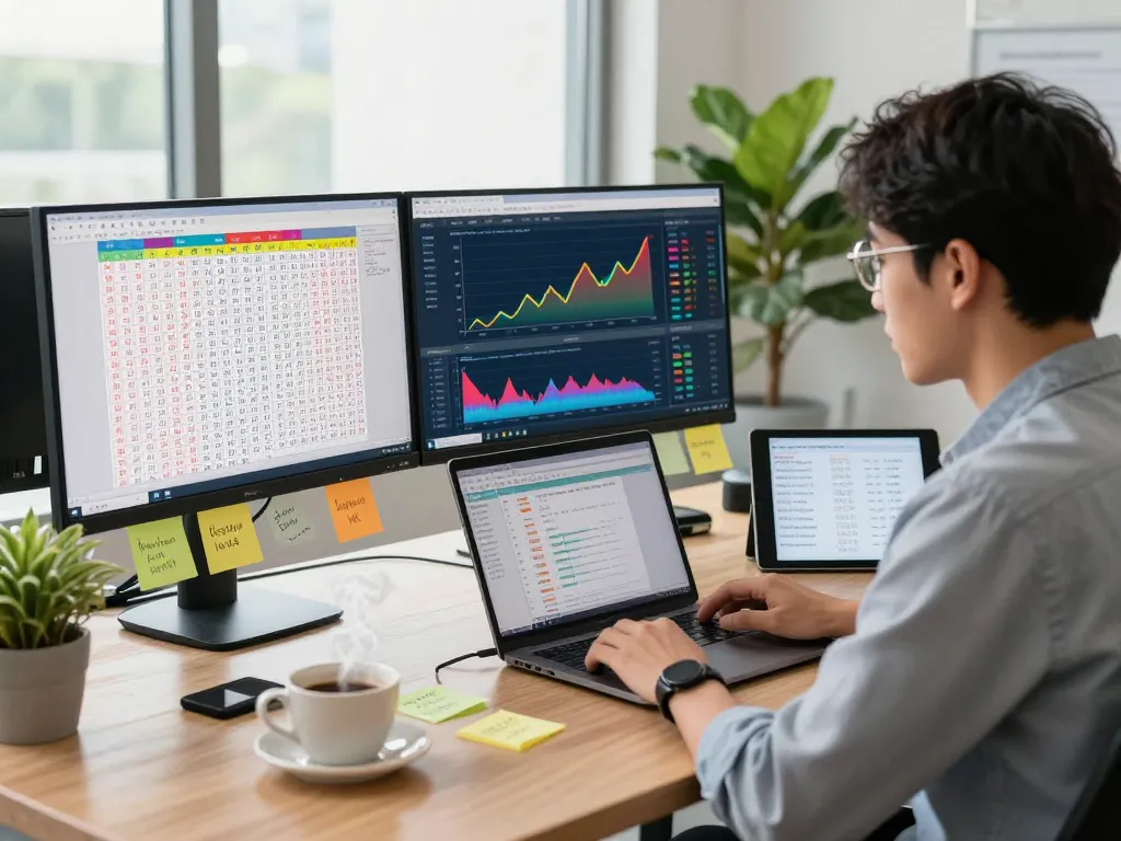 Analis meninjau statistik lotere Data HK di dua monitor dalam ruang kerja modern.