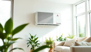 Showcase Mitsubishi mini split ac unit blending seamlessly in a modern living room setting.