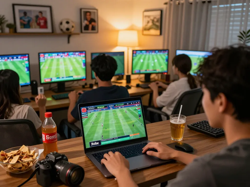 Xoilac sports betting experience showcasing a person engaged with live match stats on their laptop surrounded by friends and snacks
