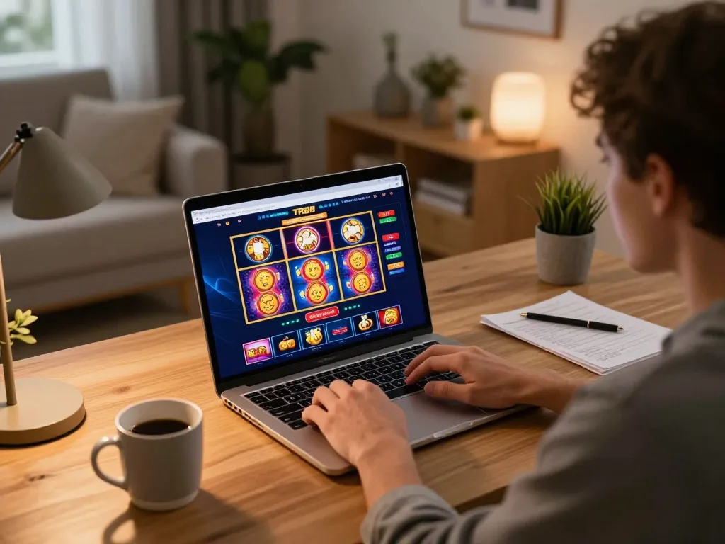 Player engaging with TR88 online casino interface on laptop during cozy gaming session