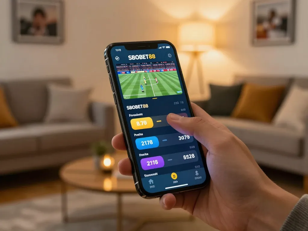 Aplikasi taruhan olahraga mobile SBOBET88 dengan tampilan odds dinamis dan interaksi pengguna.