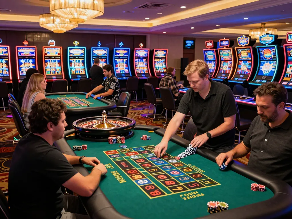 Players placing bets at Sunwingo's roulette table surrounded by vibrant casino atmosphere.