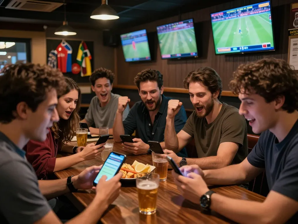Betting enthusiasts checking kèo nhà cái updates while enjoying sports at a lively bar