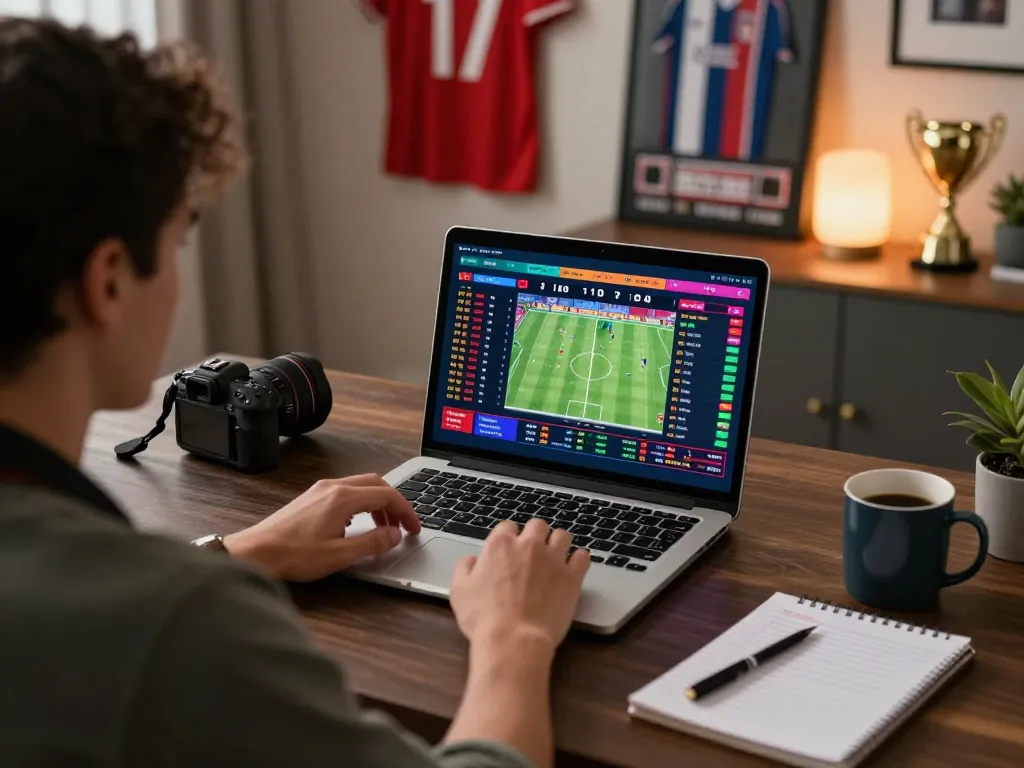 Tỷ lệ kèo nhà cái 5 displayed on laptop screen with a person engaged in online sports betting, showcasing a home office setup.