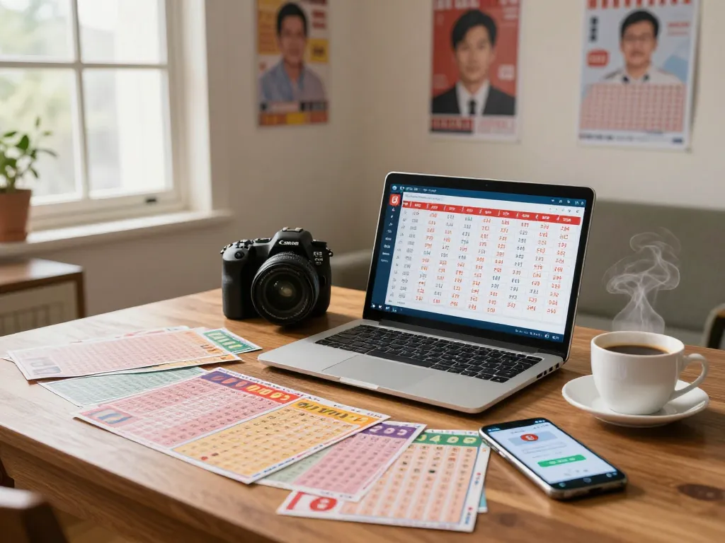 Individu memeriksa hasil Data HK di laptop dengan tiket lotere tersebar, menciptakan suasana permainan yang mendebarkan.