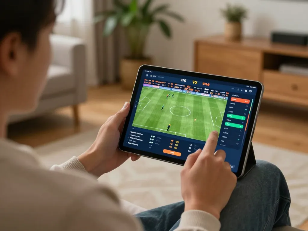 SOCOLIVE user actively placing bets on soccer matches in a cozy home setting