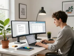Young professional using wps office software in a modern home office.