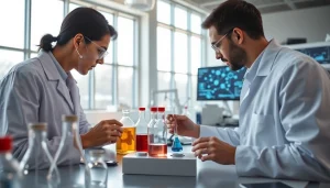 Explore peptide research advancements at https://hydroresearchpeptides.com/ with scientists in a modern laboratory setting.