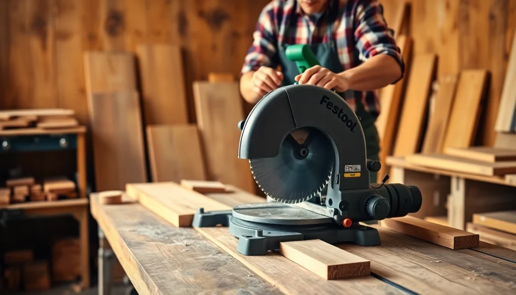 Crafting precision cuts with a festool miter saw on a workbench.