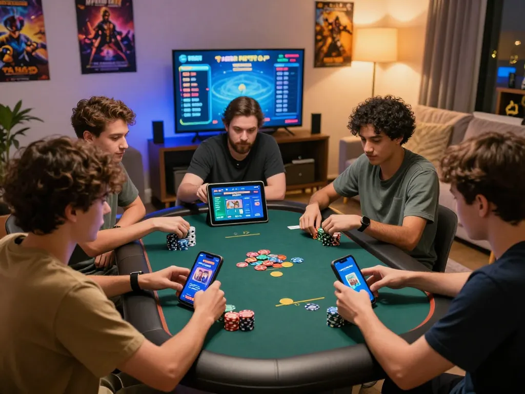 Engaged players enjoying Teen Patti Master APK in a cozy gaming setting with colorful chips and digital leaderboard.