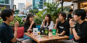 Group enjoying seoul cannabis at a trendy café in Seoul, showcasing vibrant lifestyle.