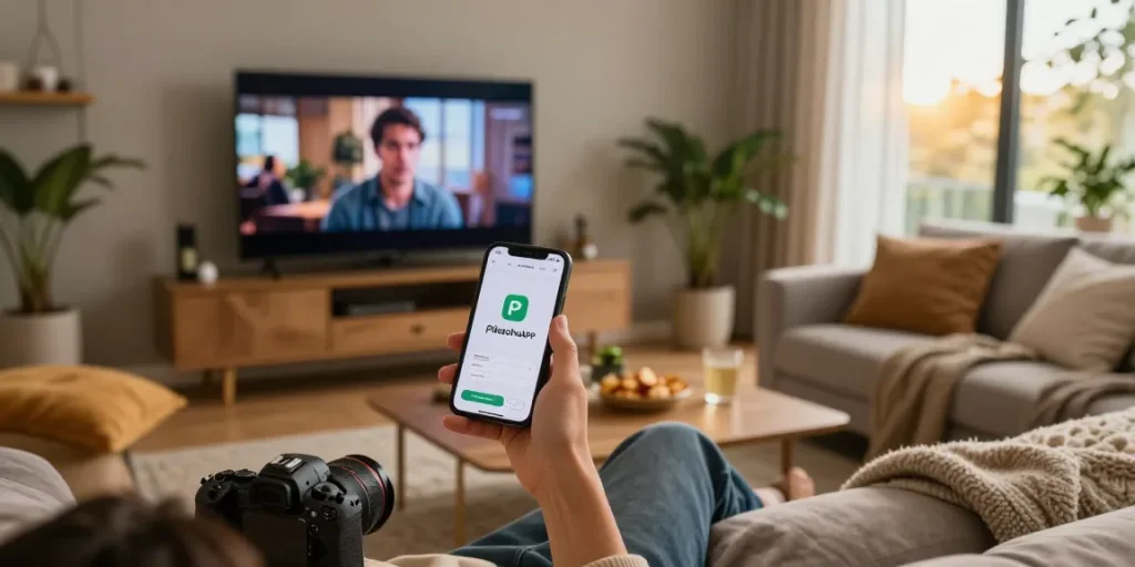 Pikashow APK app streaming movies on smartphone in a cozy living room