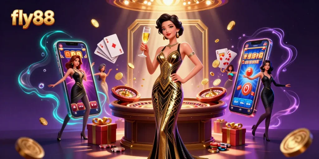 Engage with fly88 through vibrant casino games, photo of an Asian woman in glamorous attire celebrating a jackpot.