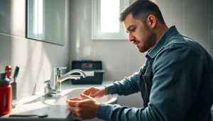 Plumber near me repairing a sink in a bright bathroom.