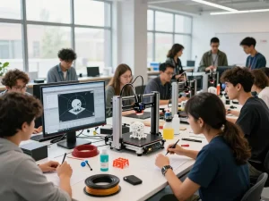 3D Printing workshop with diverse makers collaborating on innovative design projects.