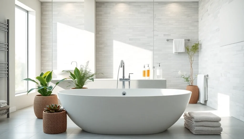Transform your space with bath reconstruction, showcasing a sleek tub in a modern setting.
