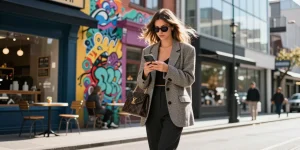 Fashion blog lifestyle scene of a woman in urban outfit on city street