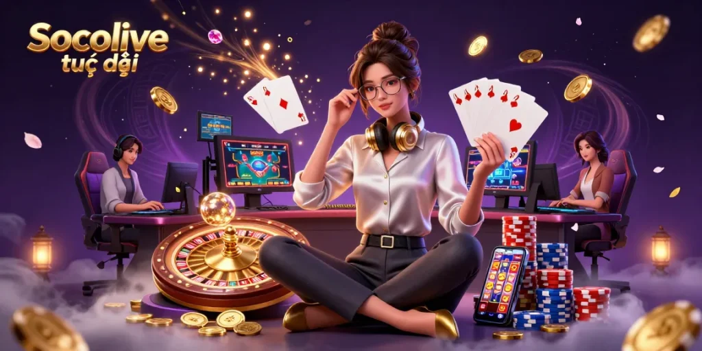 Socolive trực tiếp provides an immersive online casino experience with a photorealistic gamer elegantly interacting with golden coins and roulette.