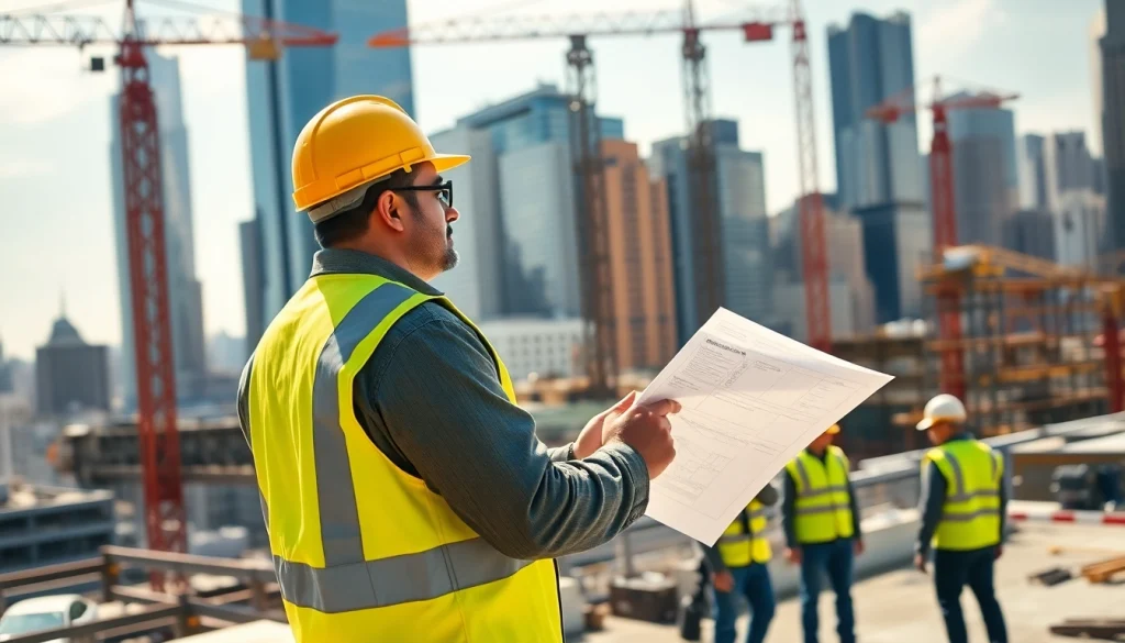 New York City Construction Manager on-site, coordinating activities with a clear view of urban construction.