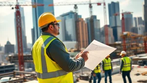 New York City Construction Manager on-site, coordinating activities with a clear view of urban construction.