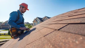 Roofing contractor inspecting shingles on a residential roof in a suburban area.
