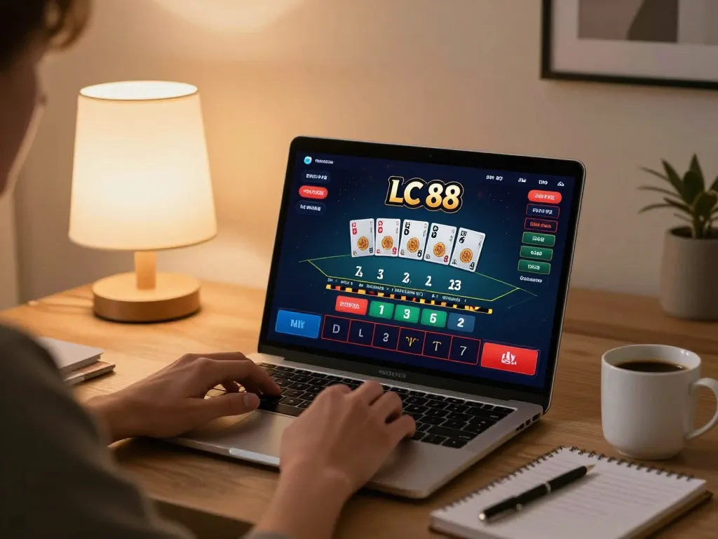 Engaging in LC 88 casino games at home using a laptop, showcasing a live dealer blackjack interface.
