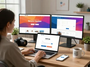Secure login screen for rm1.to login on a user's laptop in a cozy home office.