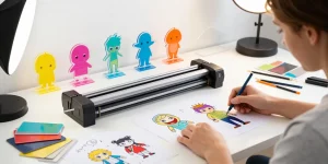 Designer creating custom acrylic stand designs in a vibrant studio environment.