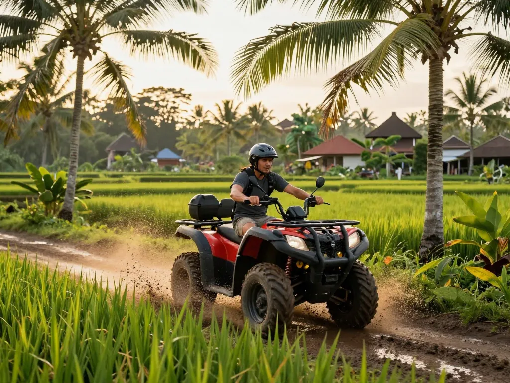 Bali tour with a traveler riding an ATV through vibrant jungles and rice fields, exuding adventure and excitement.