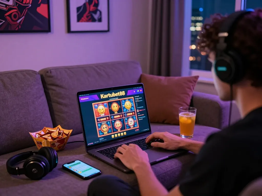 Player immersed in Kartubet88's vibrant online casino at home with snacks.