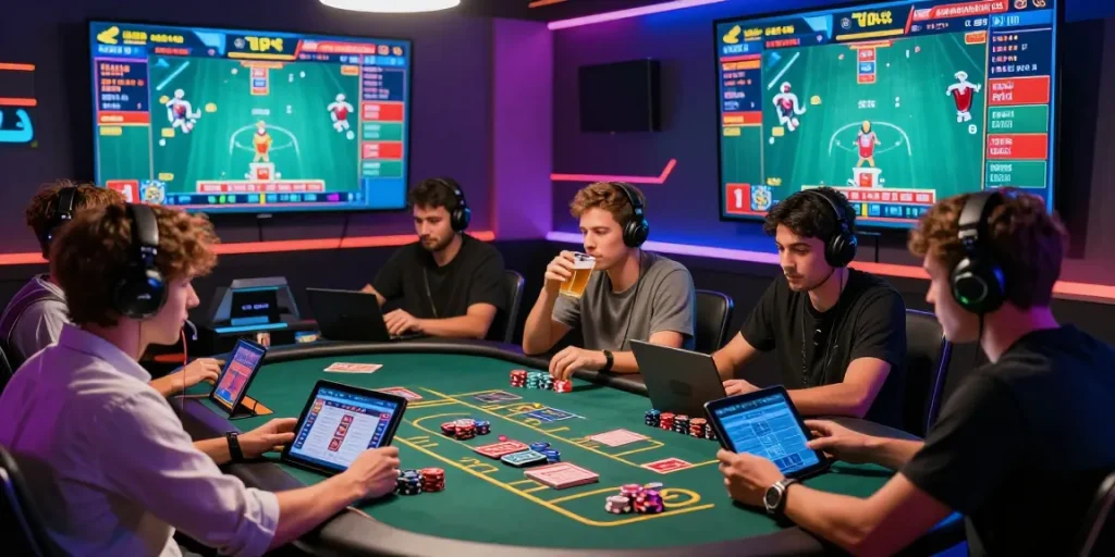 Exciting baccaratออนไลน์ gaming scene with diverse players analyzing strategies in a vibrant online environment.