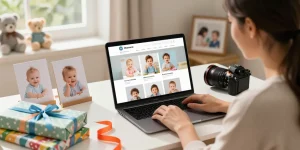 Parent browsing Shoplinks 4u for baby albums and gift ideas in a cozy setting.