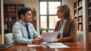 Engaged client with legal advisor discussing Enduring Guardian documents in a modern office.