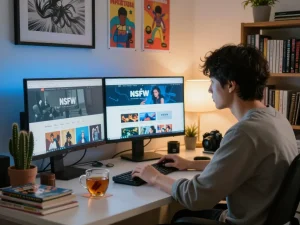 Person browsing NSFW content in a cozy home office with vibrant decor.
