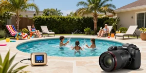 Family enjoying a sunny backyard pool with the best chlorinator for inground pools, the K-Chlor Digital Gold Series, ensuring a clean and safe swimming environment.