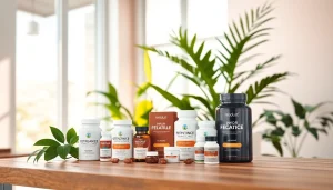 Showcase of wellness products from https://amc-essentials.com/ on a minimalist table with natural light.